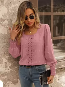 SHEIN LUNE 瑞士圆点花边蕾丝嵌件灯笼袖衬衫、长袖上衣 - 藕粉色 - 查看 5