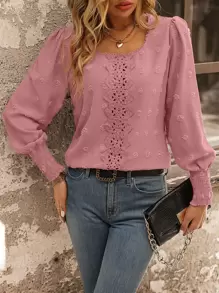 SHEIN LUNE 瑞士圆点花边蕾丝嵌件灯笼袖衬衫、长袖上衣 - 藕粉色 - 查看 6