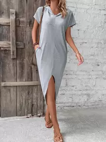 SHEIN LUNE 素色高衩連帽T恤連衣裙 - 淺灰色 - 查看 1