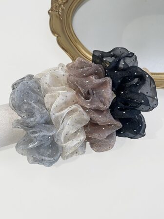 4pcs Faux Pearl & Sheer Mesh Hair Scrunchies, Minimalist & Fashionable For Casual Daily Wear, Korean Style Rhinestone Elastic Hair Ties, Women Hair Accessories Ponytail