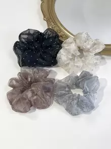 4pcs Faux Pearl & Sheer Mesh Hair Scrunchies, Minimalist & Fashionable For Casual Daily Wear, Korean Style Rhinestone Elastic Hair Ties, Women Hair Accessories Ponytail Head Accessories Elastic Band - Multicolor - View 3