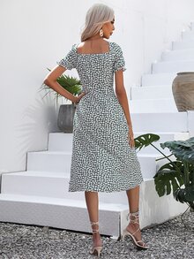 SHEIN VCAY Ditsy Floral Print Knot Front Split Thigh Dress - Multicolor - View 2