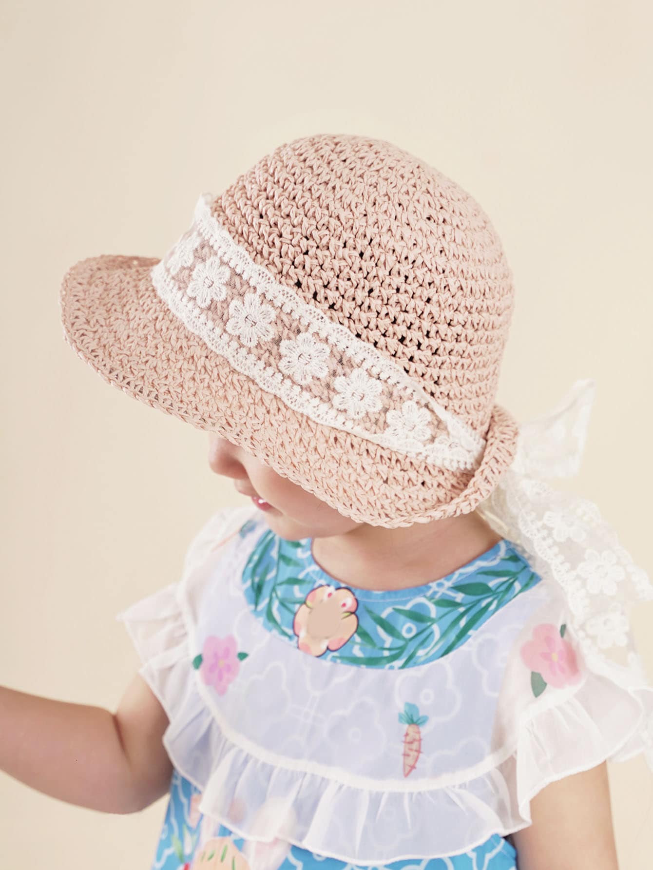 Toddler Girls Flower Decor Straw Hat - Pink - View 1