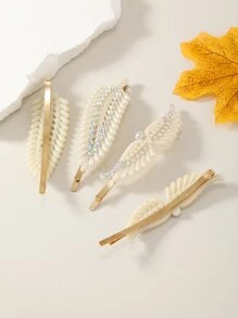 4 piezas Horquilla bobby con diamante de imitación & con diseño de hoja - Beis - Ver 4