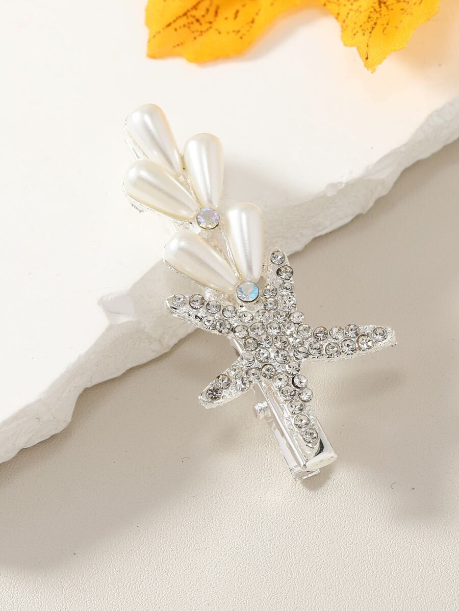 1入組女性水鑽海星和人造珍珠裝飾時尚髮夾適用於頭髮裝飾用品 - 彩色 - 查看 1