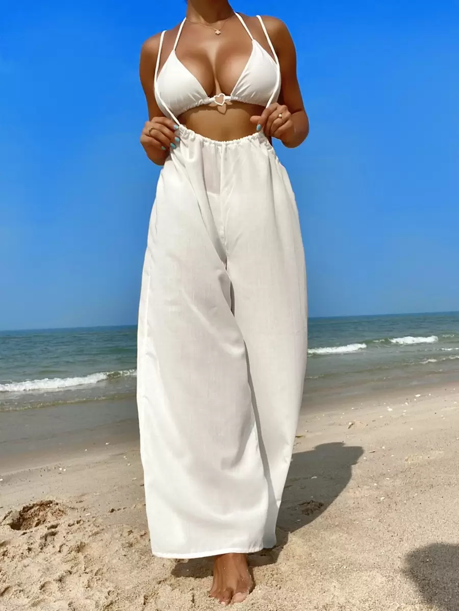 Swim Vcay Summer Beach Solid Backless Wide Leg Cover Up Jumpsuit - White - View 1