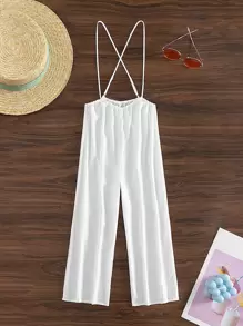 Swim Vcay Summer Beach Solid Backless Wide Leg Cover Up Jumpsuit - White - View 7