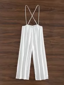 Swim Vcay Summer Beach Solid Backless Wide Leg Cover Up Jumpsuit - White - View 8