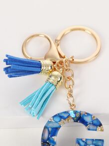 流蘇和字母墜飾鑰匙圈 - 藍色 - 查看 3