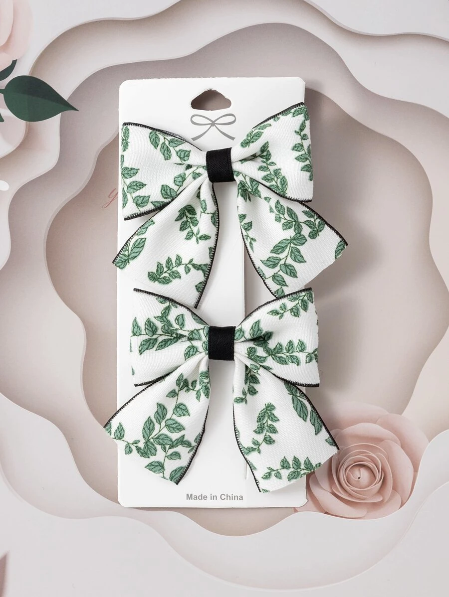 2个/套 清新花卉印花发夹，适合青少年 - 綠色 - 查看 1