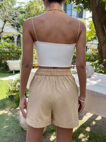 SHEIN EZwear 高腰拼接細節卷邊闊腿短褲 - 杏色 - 查看 2