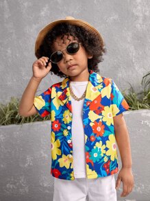 SHEIN Explorewe 小男童滿版印花西裝領襯衫