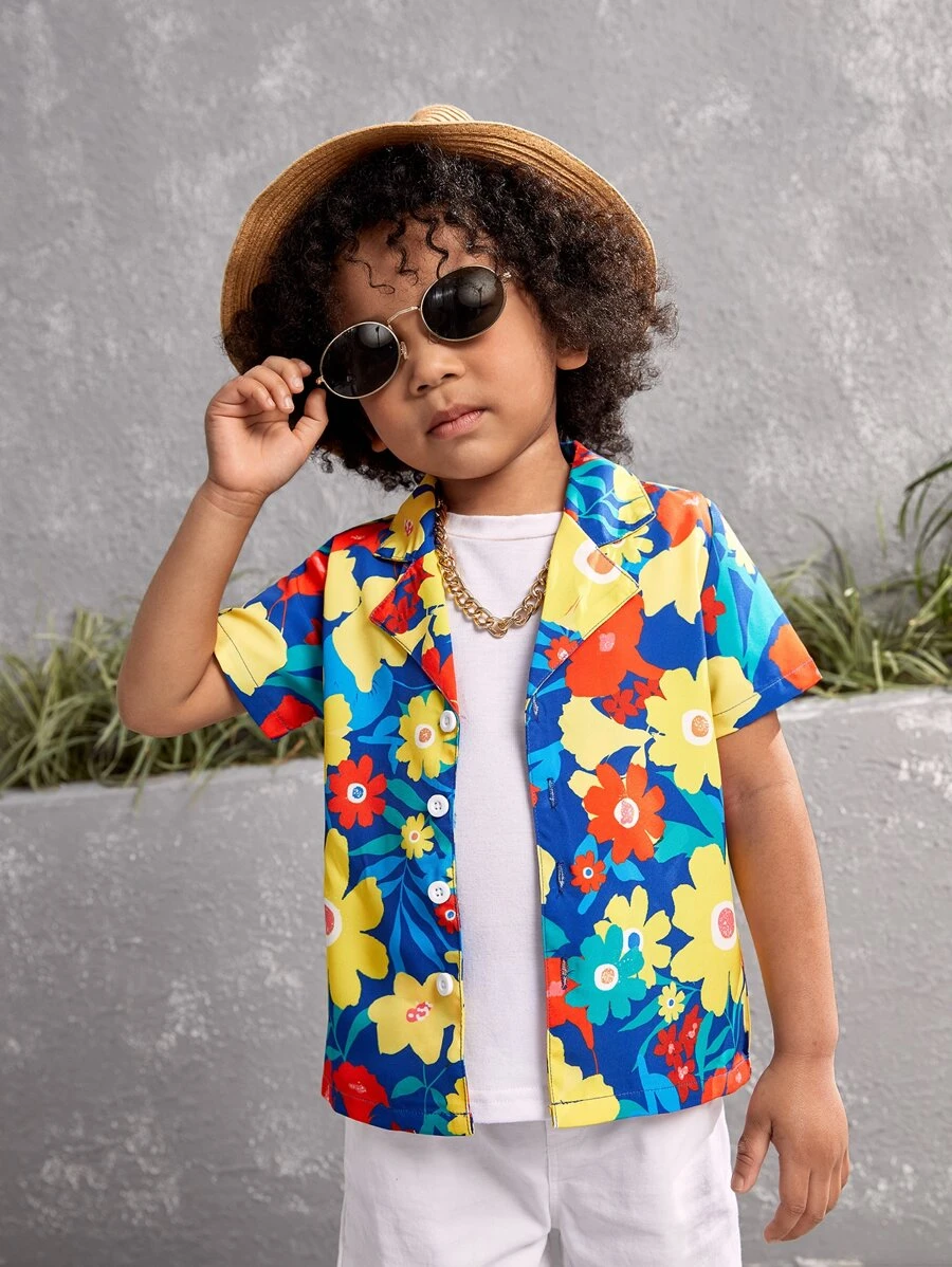 SHEIN Explorewe 小男童滿版印花西裝領襯衫