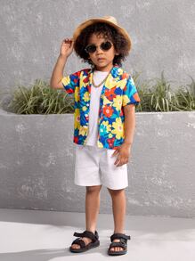 SHEIN Explorewe 小男童滿版印花西裝領襯衫