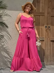 SHEIN VCAY 大碼吊帶上衣和荷葉邊闊腿褲 - 玫紅色 - 查看 1