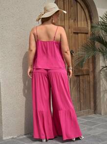 SHEIN VCAY 大碼吊帶上衣和荷葉邊闊腿褲 - 玫紅色 - 查看 4