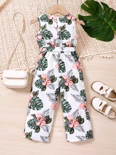 SHEIN 年輕女孩熱帶印花腰帶坦克連身褲