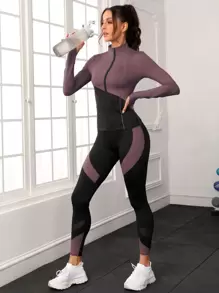 Easithlete Two Tone & Insert Zip Up Sports Set Workout Women Setwomen Workout Set - Purple - View 5
