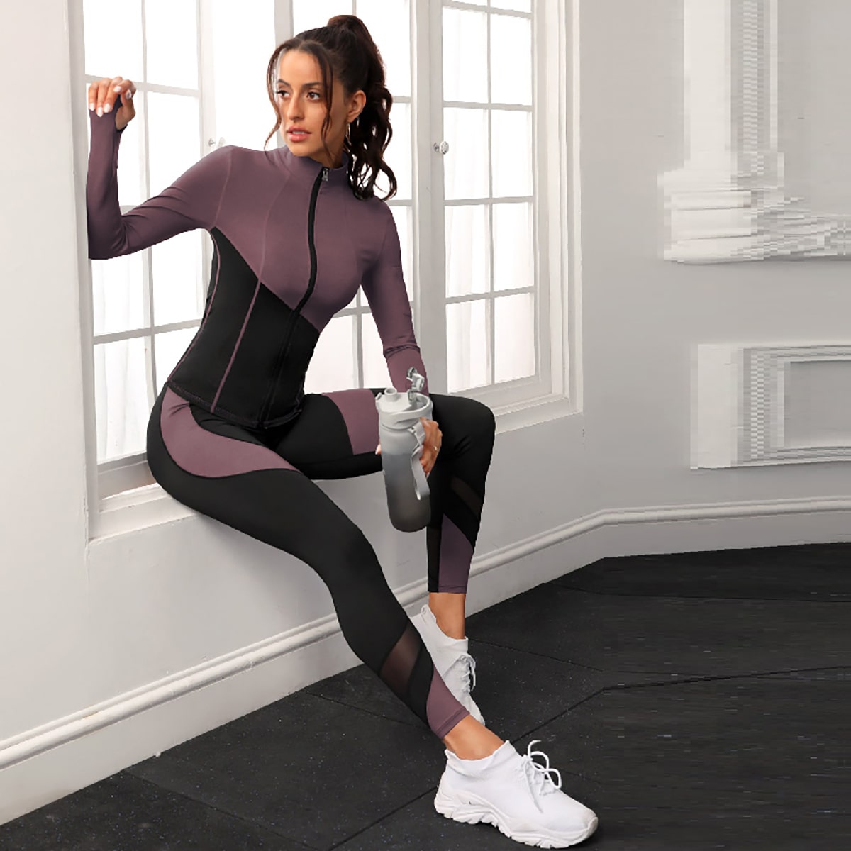 Conjunto deportivo de mujer con cremallera y dos tonos, conjunto de entrenamiento para mujer