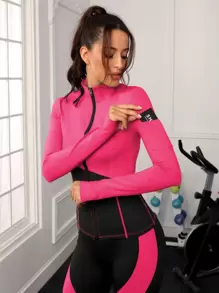 Zweifarbiges Top mit Daumenöffnung, durchgenähtes Sport-Set Outfit, Trainingsset für Frauen