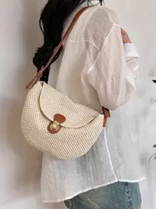 Minimalist Flap Straw Bag - Beige - View 1