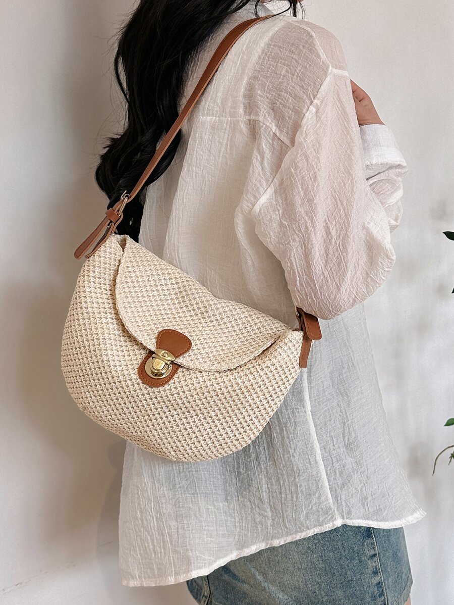Minimalist Flap Straw Bag - Beige - View 1
