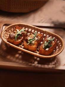 1 pieza Bandeja de servicio de cocina ratán estilo japones con diseño trenzado para cocina