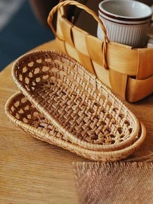 1 pieza Bandeja de servicio de cocina ratán estilo japones con diseño trenzado para cocina