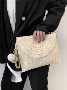Pom Pom Decor Flap Straw Bag, hoàn hảo cho kỳ nghỉ du lịch bãi biển mùa hè - Màu be - Xem 1