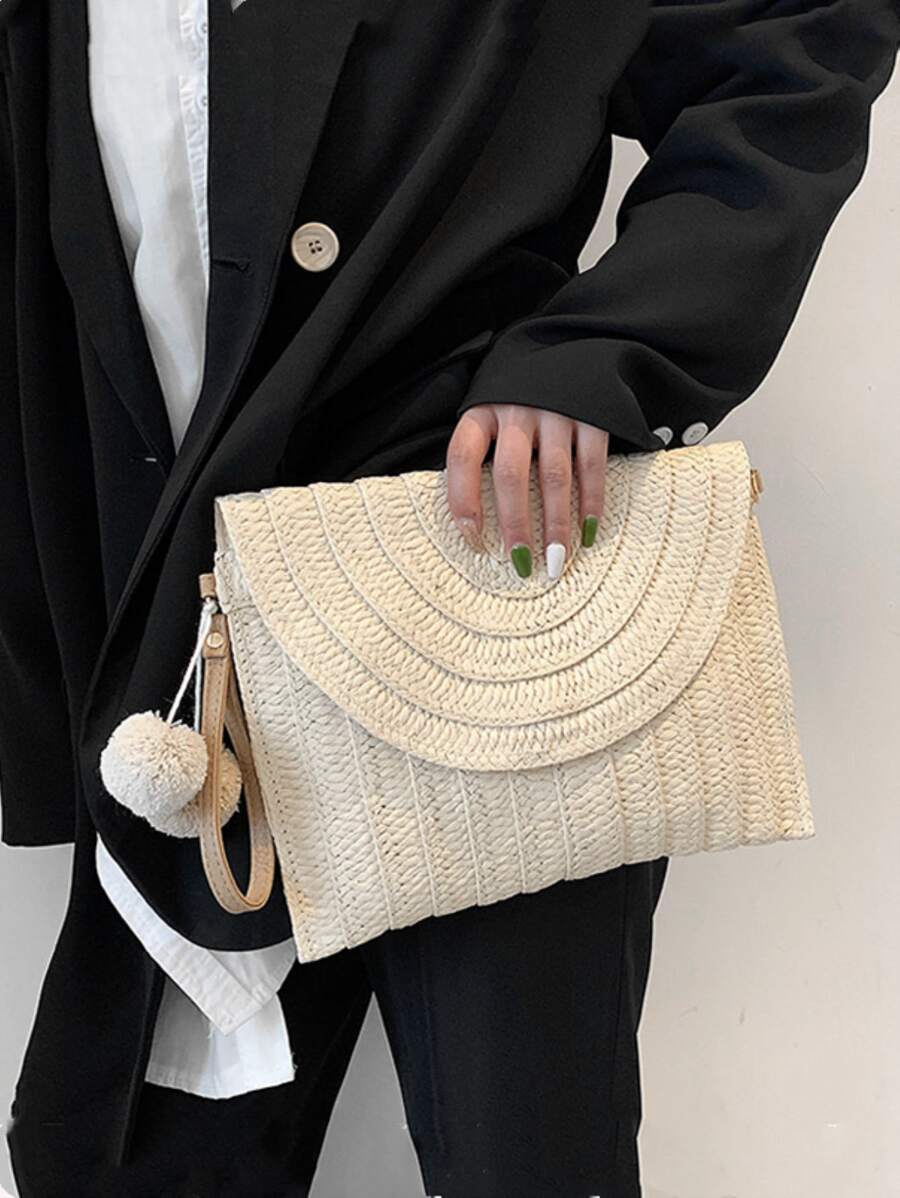 Pom Pom Decor Flap Straw Bag, hoàn hảo cho kỳ nghỉ du lịch bãi biển mùa hè - Màu be - Xem 1