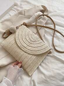 Pom Pom Decor Flap Straw Bag, hoàn hảo cho kỳ nghỉ du lịch bãi biển mùa hè - Màu be - Xem 2