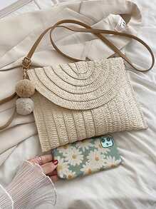 Pom Pom Decor Flap Straw Bag, hoàn hảo cho kỳ nghỉ du lịch bãi biển mùa hè - Màu be - Xem 3
