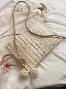 Pom Pom Decor Flap Straw Bag, hoàn hảo cho kỳ nghỉ du lịch bãi biển mùa hè - Màu be - Xem 5