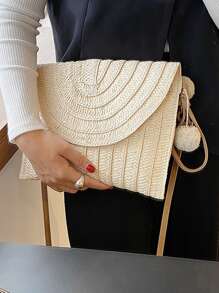 Pom Pom Decor Flap Straw Bag, hoàn hảo cho kỳ nghỉ du lịch bãi biển mùa hè - Màu be - Xem 6