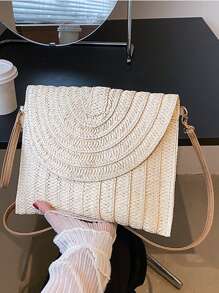 Pom Pom Decor Flap Straw Bag, hoàn hảo cho kỳ nghỉ du lịch bãi biển mùa hè - Màu be - Xem 7