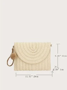 Pom Pom Decor Flap Straw Bag, hoàn hảo cho kỳ nghỉ du lịch bãi biển mùa hè - Màu be - Xem 8