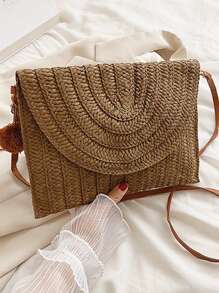 Pom Pom Decor Flap Straw Bag,Perfect For Summer Beach Travel Vacation - Chocolate Brown - View 5
