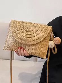 絨球裝飾翻蓋草編包 - 卡其色 - 查看 2