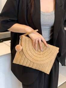 絨球裝飾翻蓋草編包 - 卡其色 - 查看 3