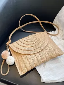 絨球裝飾翻蓋草編包 - 卡其色 - 查看 4