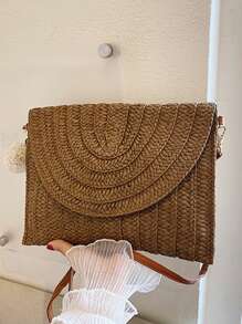 Pom Pom Decor Flap Straw Bag,Perfect For Summer Beach Travel Vacation - Chocolate Brown - View 8