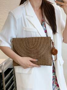 Pom Pom Decor Flap Straw Bag,Perfect For Summer Beach Travel Vacation - Chocolate Brown - View 9