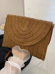 Pom Pom Decor Flap Straw Bag,Perfect For Summer Beach Travel Vacation - Chocolate Brown - View 2