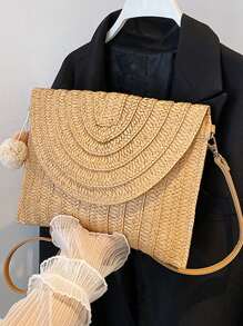 絨球裝飾翻蓋草編包 - 卡其色 - 查看 8