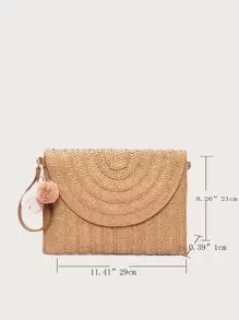 絨球裝飾翻蓋草編包 - 卡其色 - 查看 9