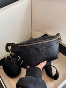 蛇皮壓花腰包帶零錢包 - 黑色 - 查看 4