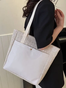 雙色草編包 - 米色 - 查看 2