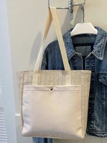 雙色草編包 - 米色 - 查看 3