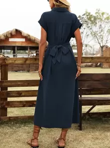 SHEIN Clasi Solid Button Front Shirt Dress - Navy Blue - View 2