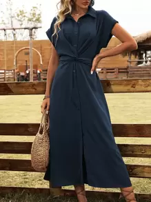 SHEIN Clasi Solid Button Front Shirt Dress - Navy Blue - View 3